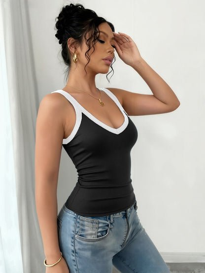 4pcs Women's Ribbed Sports Vest Set, Color-blocked V-neck Sleeveless Sports Camisole, High-elasticity Slim-fit Tank Top, Casual and Breathable Summer Top Suitable for Everyday Street Style.