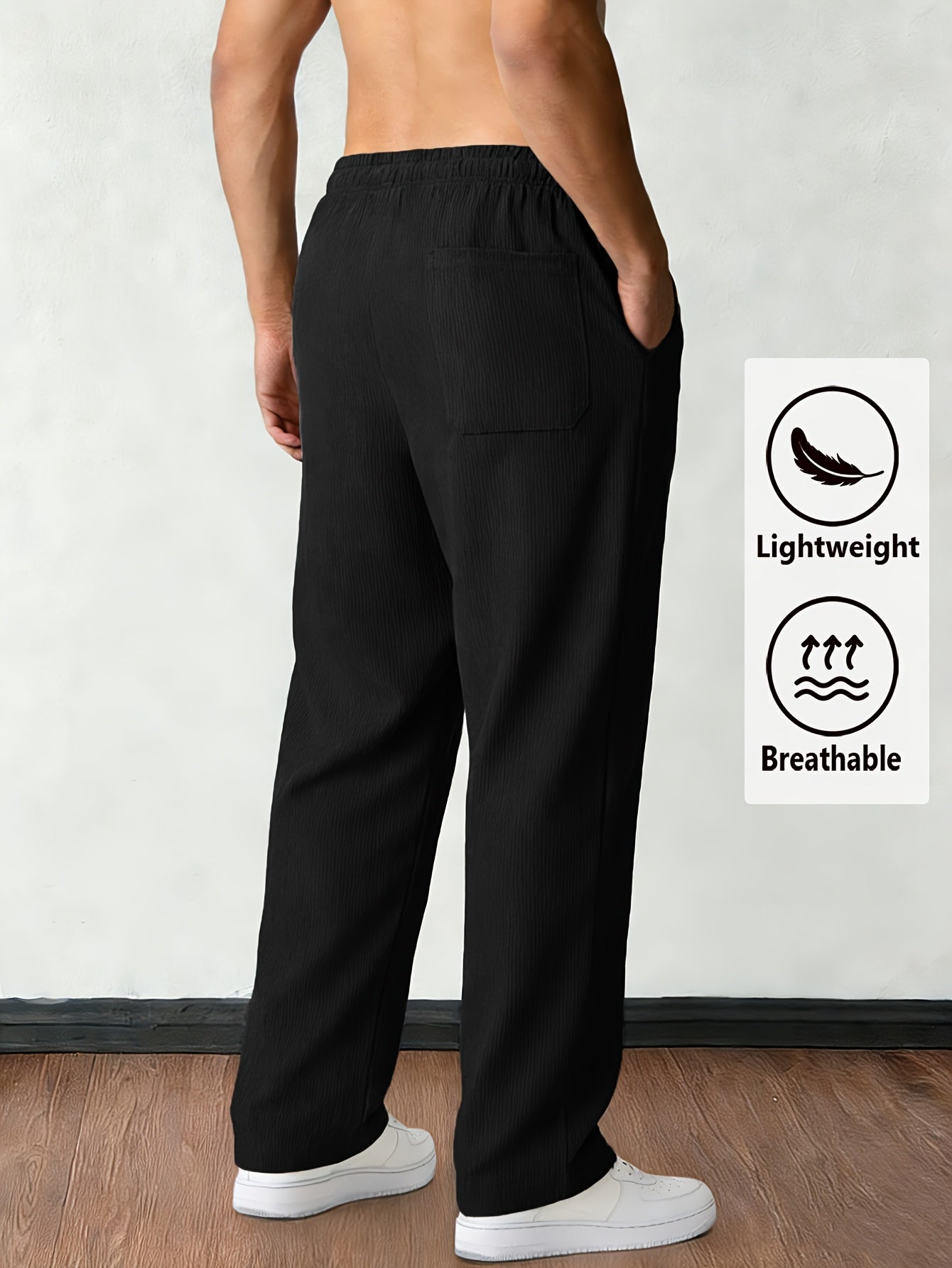 Men'S Solid Corduroy Straight Pants, Retro Pocket And Drawstring Waist, Breathable All-Season Trousers, Casual Daily And Workwear, Machine Washable, Comfortable Straight Fit Pants for Daily Activities