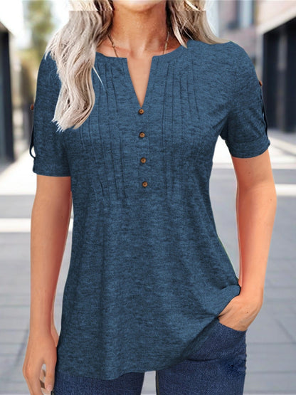 Casual Short-Sleeve Blouse for Women with a Solid Color, Featuring a Pleated Design, Buttoned V-Neck, And a Zipper
