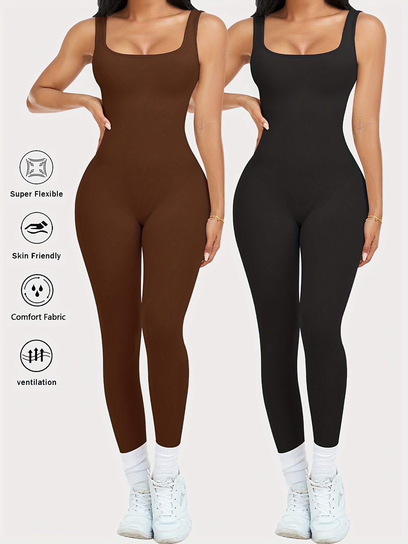 2pcs - Women'S Autumn And Winter Sleeveless Square Collar Long Jumpsuit, 90% Nylon And 10% Elastic Fiber Fabric Comfortable, Thick, Impermeable Washable And Reusable, Suitable For Any Activity Occasion, Exercise, Fitness, Pilates, Running, Yoga