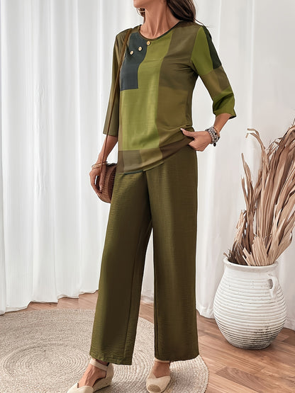 Elegant Women's Two-Piece Set - Round Neck Top And Wide Leg Pants with Checkered Patchwork Print, Polyester Material, Simple And Casual, Soft And Skin-Friendly, Perfect for Spring And Summer