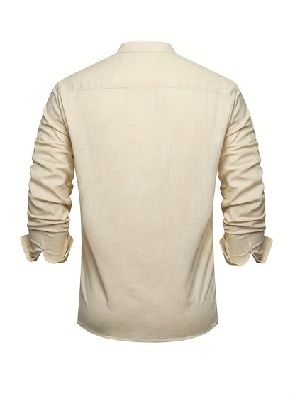 Plus Size Men'S Solid Shirt, Casual Breathable Half Button Cotton Blend Stand Collar Long Sleeve Shirt For Outdoor Activities, Men'S Clothing