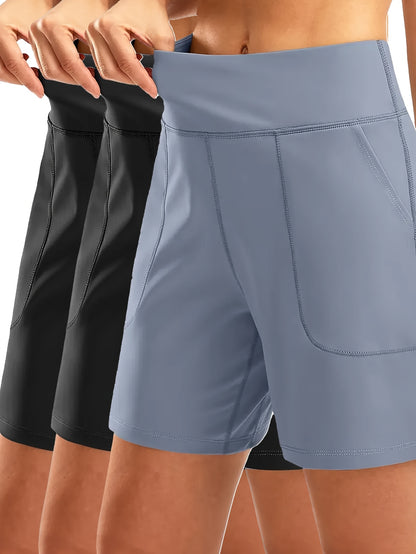 3pcs Women's Elastic-Waist Loose-Fit Casual Sports Shorts with Pockets - Mid-Stretch Breathable Fabric, Solid Color for Gym, Yoga & Casual Attire - Elegant Special Collection, Gym Apparel | Functional Pockets | Stretchable Fabric