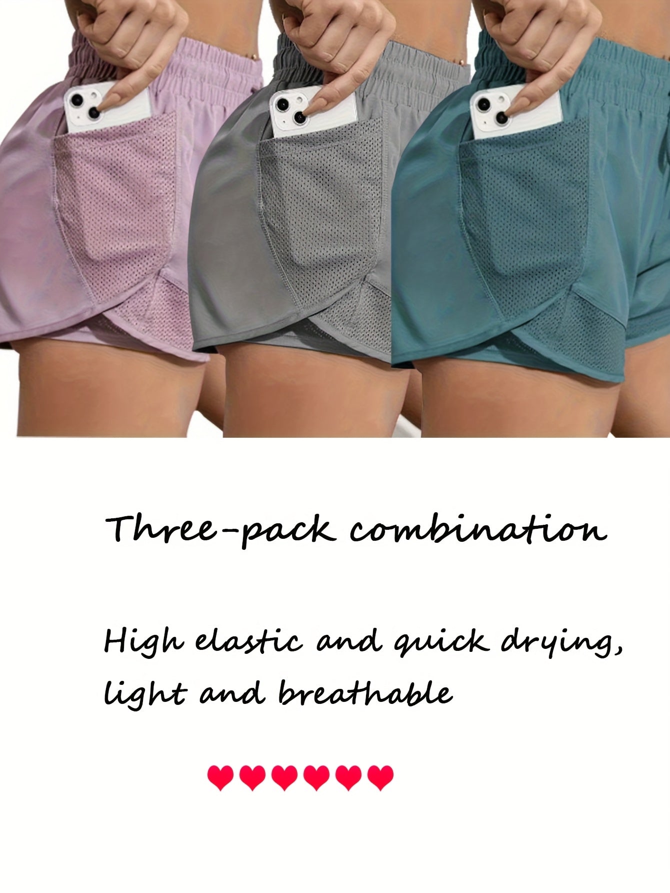 FOEIERAA Fashionable Ladies 3pcs Set Of Yoga Sports Shorts, Fake Two-piece High-waist Sports Shorts, High Elastic And Quick-drying, Light And Breathable, Suitable For Running, Yoga, Cycling, Fitness, Studio, Casual Outing, Daily Outfit, Suita