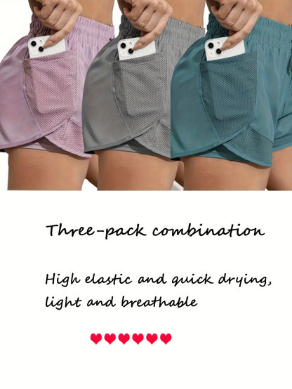 FOEIERAA Fashionable Ladies 3pcs Set Of Yoga Sports Shorts, Fake Two-piece High-waist Sports Shorts, High Elastic And Quick-drying, Light And Breathable, Suitable For Running, Yoga, Cycling, Fitness, Studio, Casual Outing, Daily Outfit, Suita