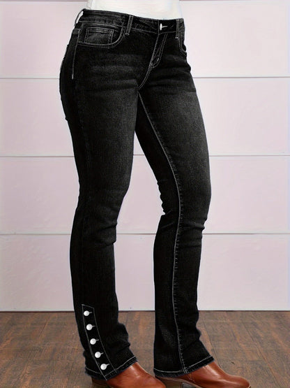 Women's High-Waist Flare Jeans - Blue Button Detail Stretch