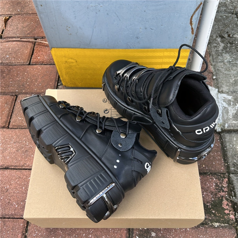 Retro Punk Style Unisex Black Thick Bottom Metal Decoration Lace-up Casual Shoes, Women Shoes, Sneakers