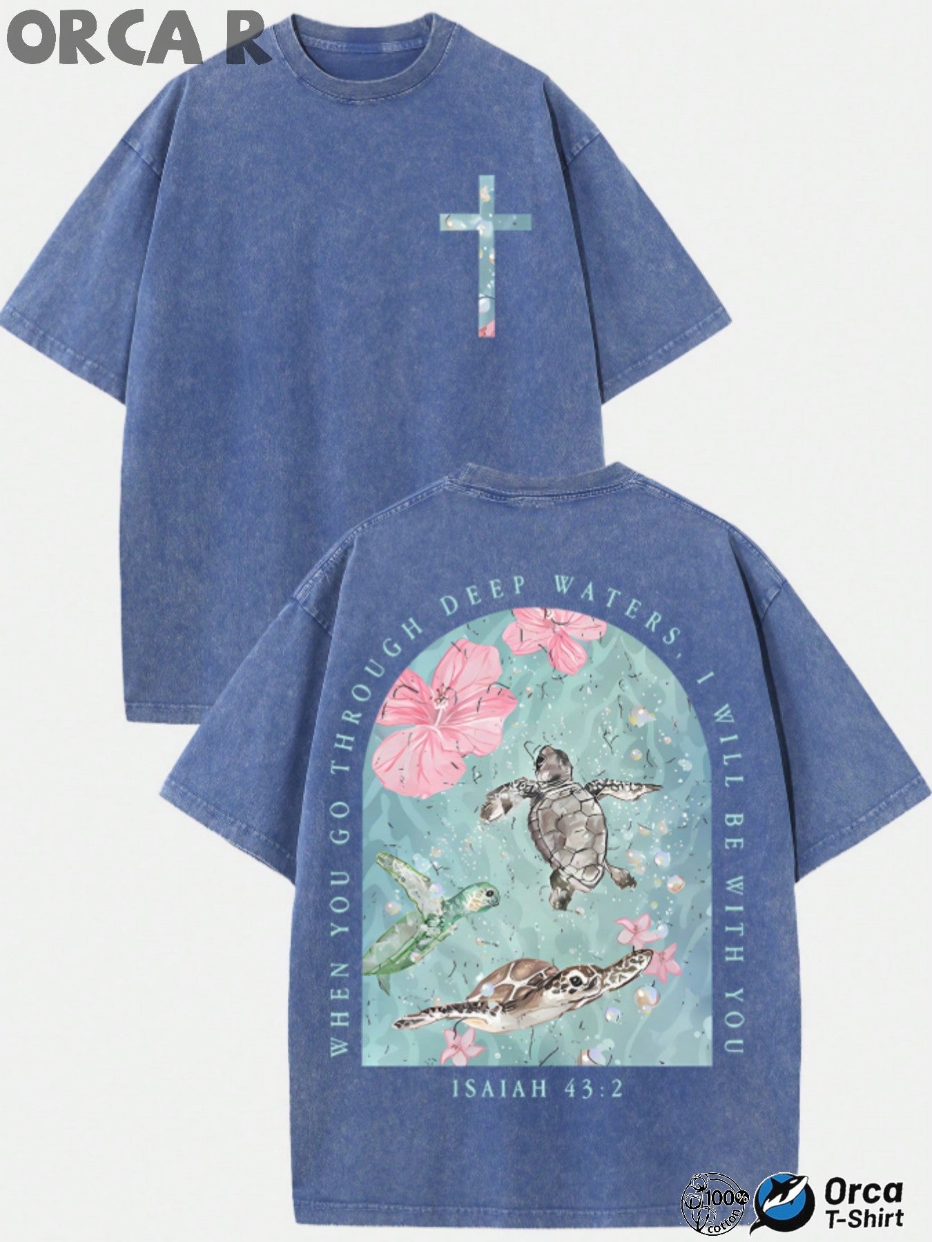 Men's Vintage Washed Pure Cotton T-Shirt - Oversized Streetwear Tee with Sea Turtle & Text Print ("I Will Be with You"), Loose Fit Casual Shirt, Machine Washable Soft Daily Wear