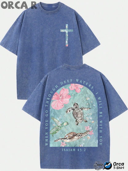 Men's Vintage Washed Pure Cotton T-Shirt - Oversized Streetwear Tee with Sea Turtle & Text Print ("I Will Be with You"), Loose Fit Casual Shirt, Machine Washable Soft Daily Wear