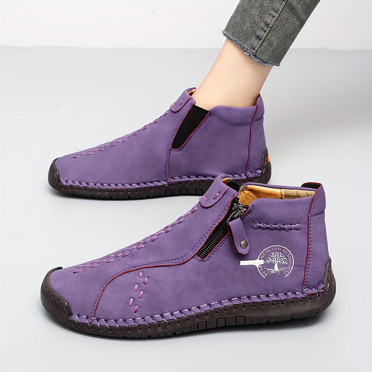 Ladies Plus Size Classic Boots Outdoor Casual Shoes with Zipper Decoration Handmade British Style Flat-bottomed Booties., Women Shoes