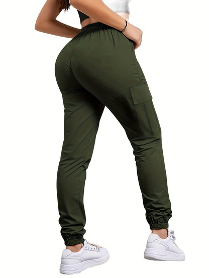 Women'S Zippered Pocket Cargo Pants, Stylish Large Pocket Design, Drawstring Elastic Waistband, Casual Outdoor/everyday Wear Trousers