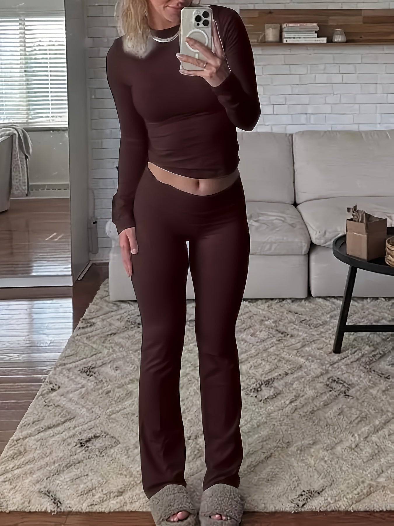 Casual Two Piece Outfits Long Sleeve High Waist Fold-Over Flare Flared Leggings Pants Sets Streetwear