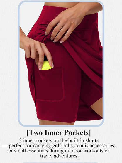 20-Inch Knee-Length Skorts for Women Featuring Five Pockets, High-Waisted Design, Suitable for Tennis And Golf, Long Athletic Skirt with Built-In Shorts