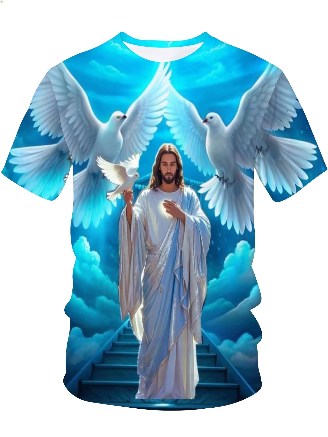 Jesus Christ With Doves And Heavenly Stairs Religious Christian T-Shirt For Men Full Print Design Faith Inspired Apparel, Plus Size