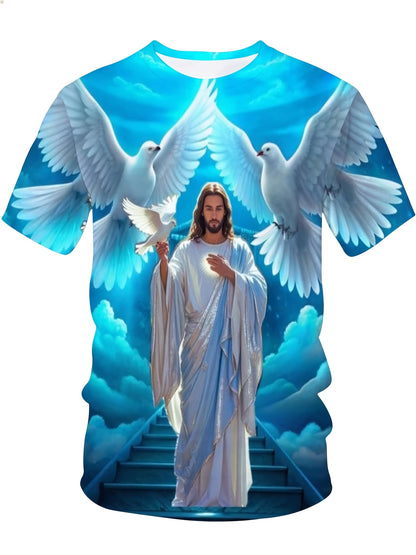 Jesus Christ With Doves And Heavenly Stairs Religious Christian T-Shirt For Men Full Print Design Faith Inspired Apparel, Plus Size