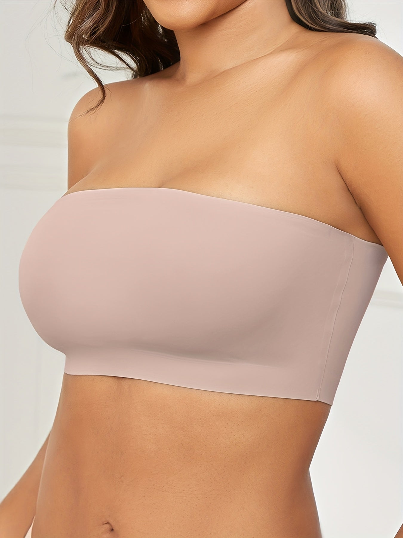 1pc ESSELEGANCE Seamless Wireless Bandeau Bra - Soft Nylon & Elastane Blend, No-Show Design, Beige/Nude, Comfortable Stretch Fit for Casual Attire