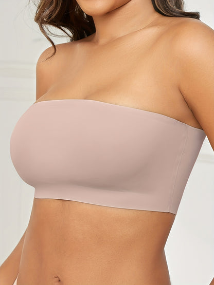 1pc ESSELEGANCE Seamless Wireless Bandeau Bra - Soft Nylon & Elastane Blend, No-Show Design, Beige/Nude, Comfortable Stretch Fit for Casual Attire
