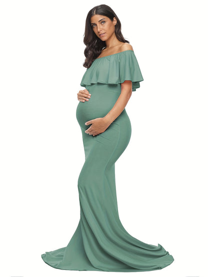 Womens Off Shoulder Maternity Dress Ruffles Elegant Slim Gowns Fit Maxi Photography Dress