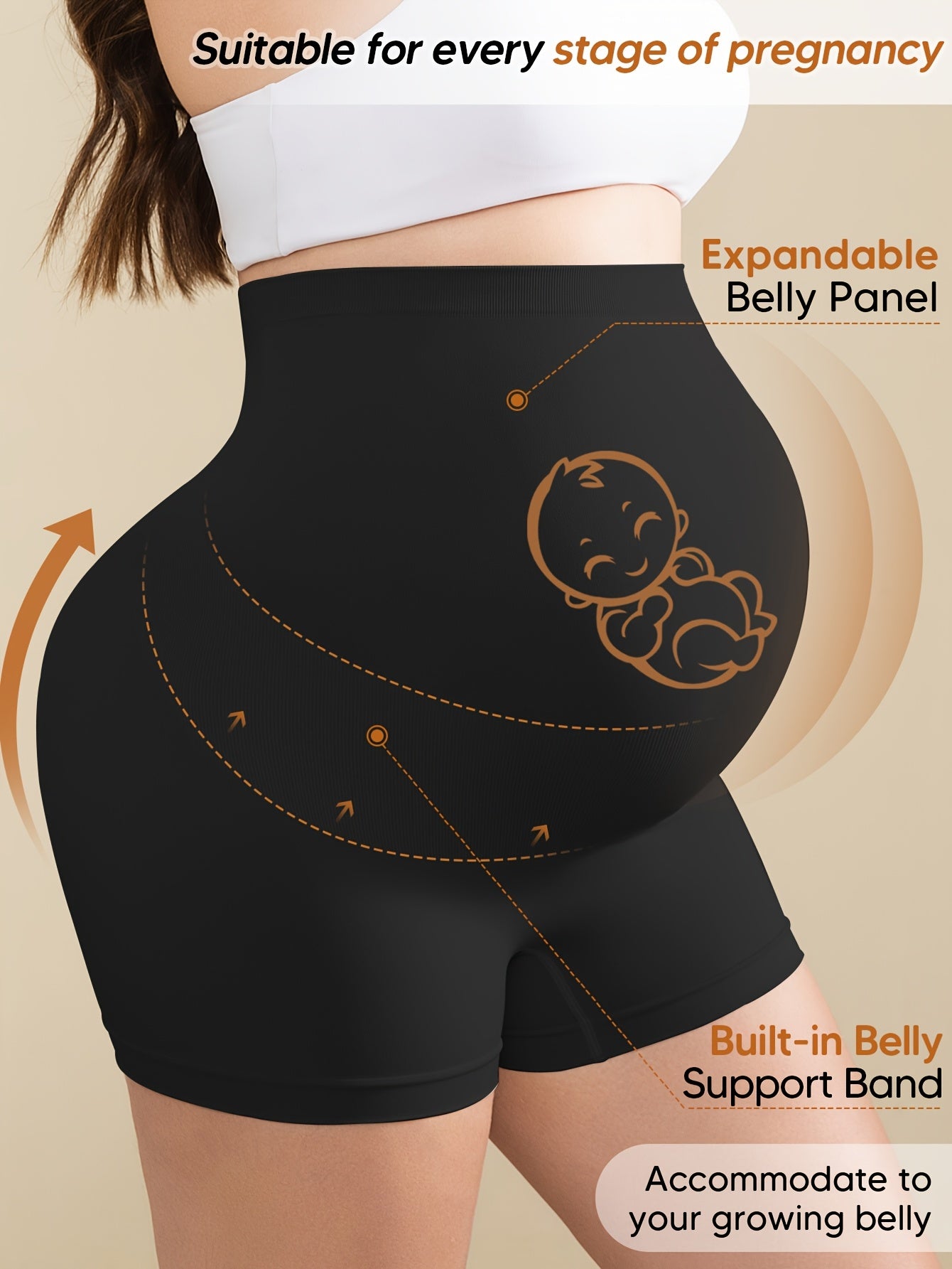 Women's High-Waist High-Stretch Belly Support Fabric with Abdominal Functionality, Ribbed Back Support Maternity Shorts, Comfortable and Breathable Suitable for the Full Pregnancy Cycle, Maternity Clothing|Breathable Fabric|Elastane Fabric