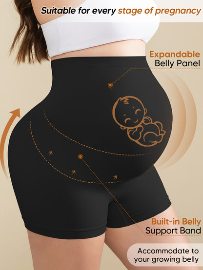 Women's High-Waist High-Stretch Belly Support Fabric with Abdominal Functionality, Ribbed Back Support Maternity Shorts, Comfortable and Breathable Suitable for the Full Pregnancy Cycle, Maternity Clothing|Breathable Fabric|Elastane Fabric