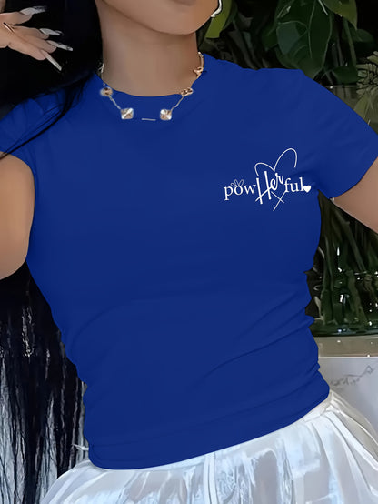 Short T-Shirt for Women with Inspirational Print - "She Overcomes Everything" Back Design, Casual Summer Top with Short Sleeves, Medium Stretch Crew Neck, Machine Washable, Motivational Text Design, Comfort Fit