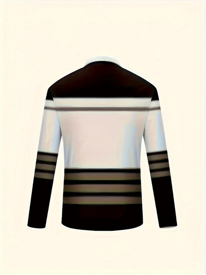 Men's Zip Collar Polo – Striped Long Sleeve Shirt