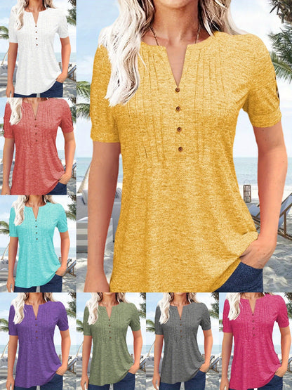 Women's Hot-selling Summer Casual V-Neck Pleated Blouse Short Sleeve Button-Up Solid Color Top