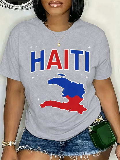 Haiti Map Print Women's TShirt Perfect for Dates, Home Office, Cafes, Mother's Day, Easter, and Any Holiday Celebrations, Ideal Summer Casual Wear