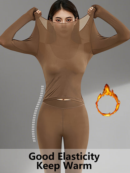 2pcs QUASTI Women's Ultra-Thin High Stretch Thermal Underwear - Seamless Invisible Bottom Layer, Warm & Comfortable for Fall & Winter, Solid Colors (, Brown,) - Perfect for Layering Tops, Winter Underwear, Sleek Design, Smooth Texture
