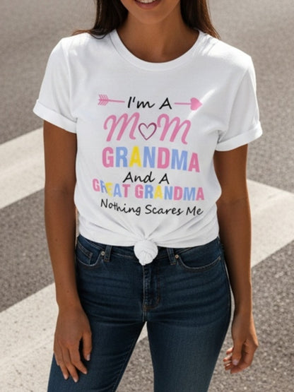 Women's Casual Crew Neck T-shirt, Fabric, Slightly Stretchy, Short-sleeved Graphic Print Top, Suitable for All Seasons, Featuring the Design "I Am a Mother, Grandmother, and Great-grandmother".