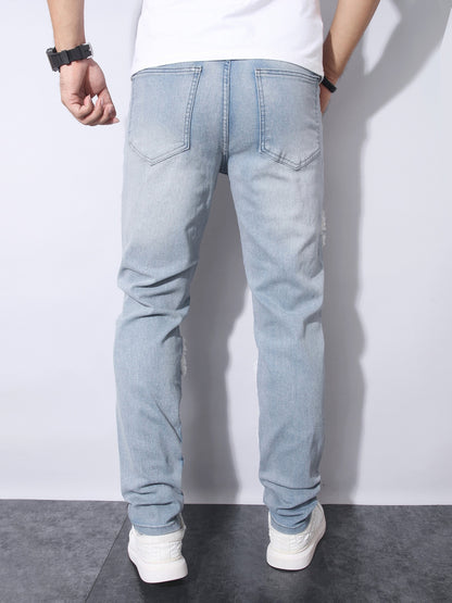 Men's Stretch Denim Jeans with Rips, Vintage Patches, And Casual Style, Suitable for All Seasons And Versatile for Outings And Fashion.