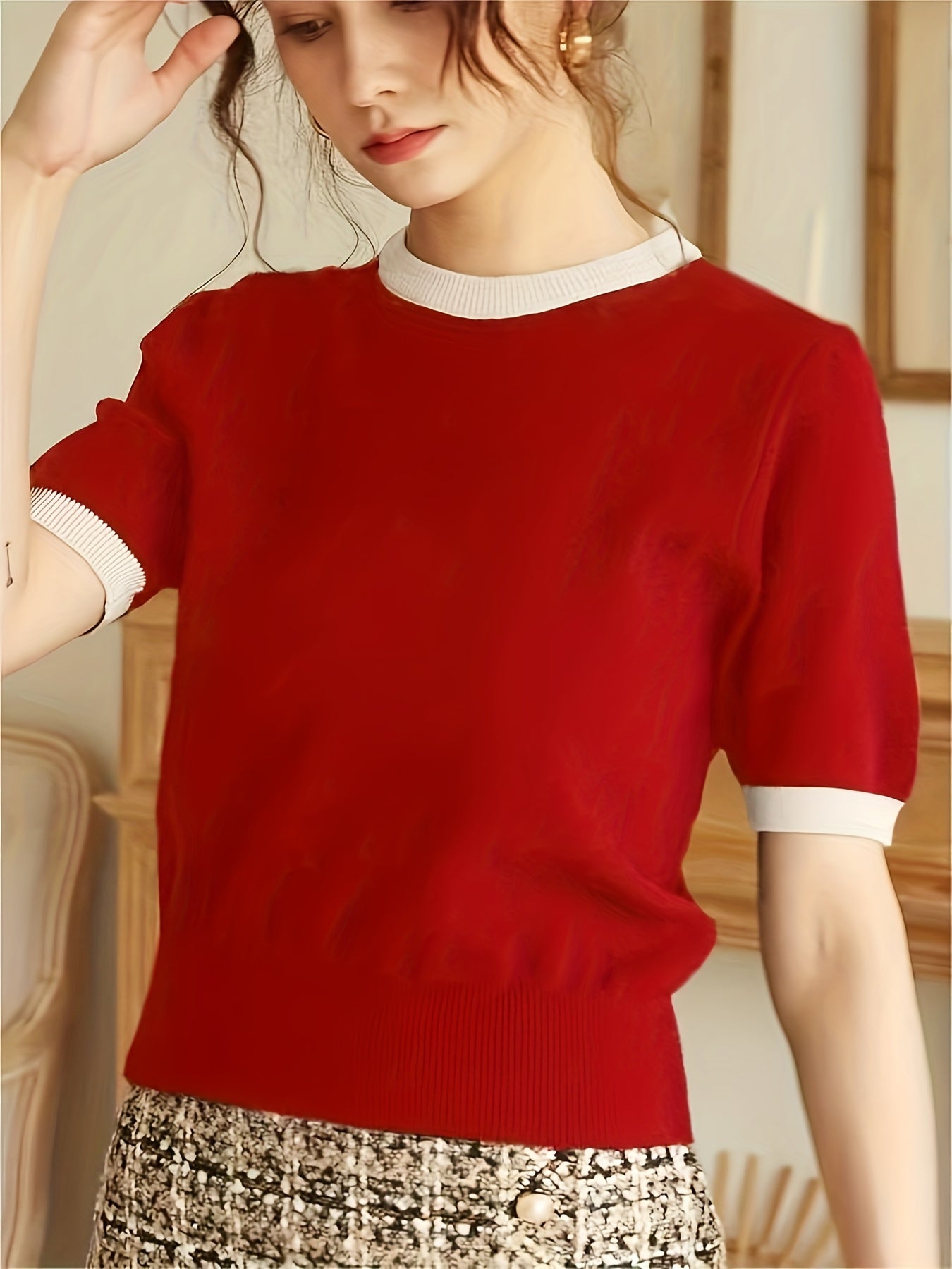Spring/Summer/Autumn Contrast Trimming Round Neck Holiday Casual Elegant Party Business Commuter Gift Knitted Top T-shirt