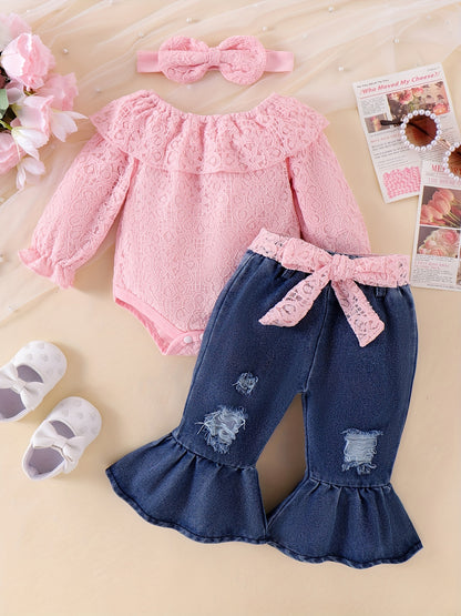 Baby Girls Clothes Fall Outfits For Girls Lace Off Shoulder Top Jeans Pant Sets Headband Belt 3pcs Newborn Infant Outfit Apricot With 3-24Months, for Outdoor