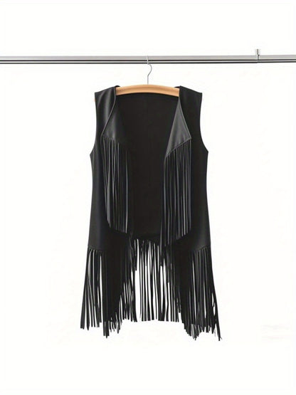 Women' Faux Suede Fringe Vest with Tassels - Western Cowgirl Jacket, Soft Flip-Collar Sleeveless Waistcoat Coat for All-Season Wear, Casual Outfits & Themed Events (Medieval Renaissance Fair) - Solid Color Plain Matching Outerwear