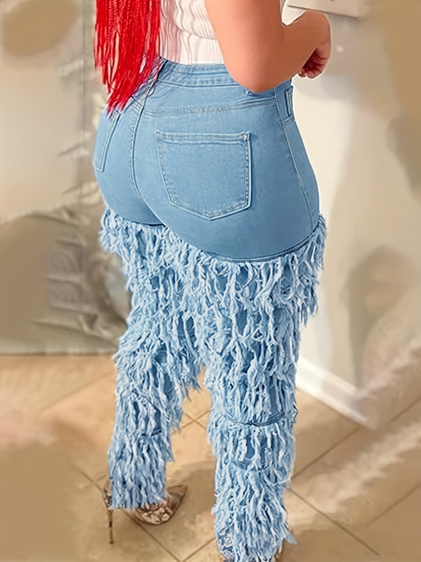 Plus Size Women's High Waist Stretchy Skinny Jeans - Solid Blue Denim, Leg Paneled with Fringe Layers & Frayed Edges, Retro Casual Fashion, Versatile for Parties & All-Season Outings