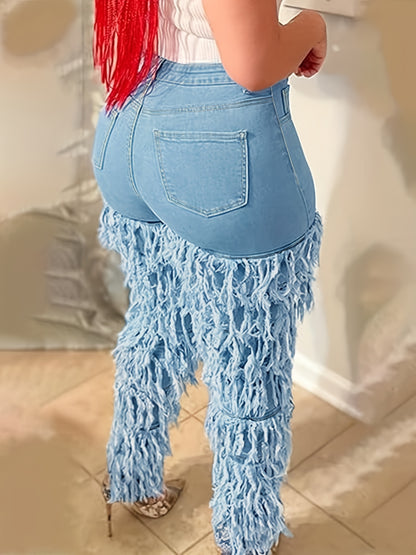 Plus Size Women's High Waist Stretchy Skinny Jeans - Solid Blue Denim, Leg Paneled with Fringe Layers & Frayed Edges, Retro Casual Fashion, Versatile for Parties & All-Season Outings