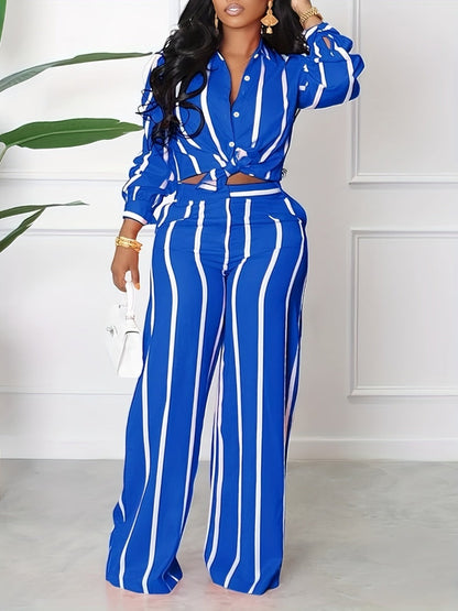 Women's Two-Piece Pants Set - Striped Casual Matching Outfit