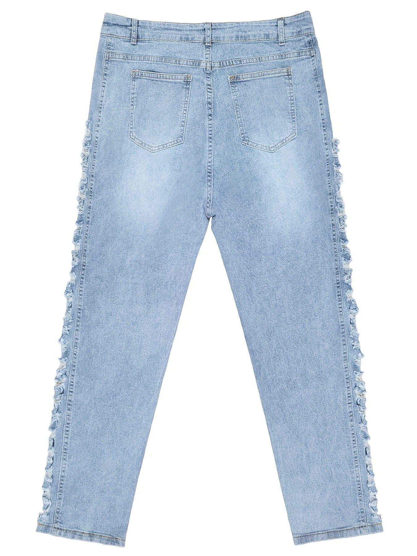 Extra Large Size Blue Jeans | High Waist Elastic Tight Hip Lifting Sexy Pencil Pants, Ripped Details, All-season, Machine Washable, Comfortable Fabric, Fashionable and Casual