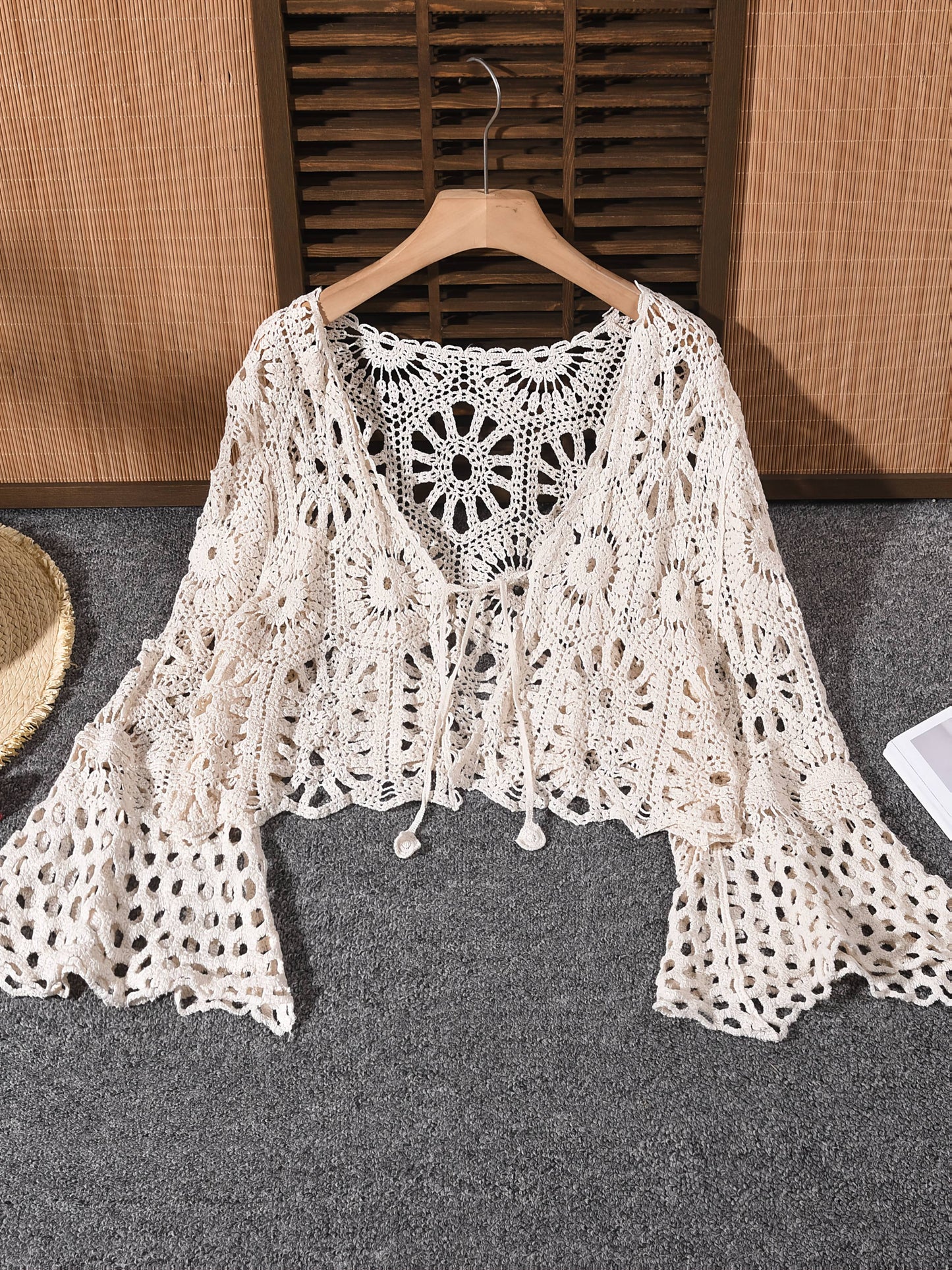 Bohemian-Style Cardigan with a Hollow V-Neck And Bell Sleeves, Featuring Ties, Perfect for Spring And Summer