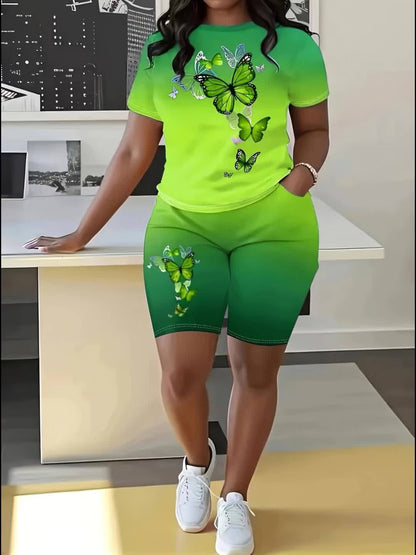 Plus Size Butterfly Print Ombre Two-piece Set, Crew Neck Short Sleeve Top & Shorts Outfits, Women's Plus Size聽Clothing