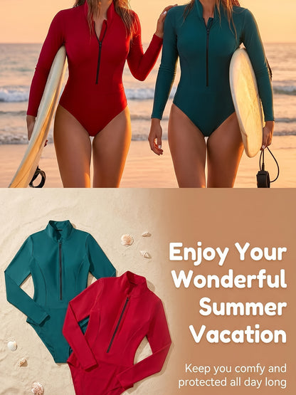 Women'S Long Sleeve Rash Guard Bathing Suit Zip Up One Piece Swimsuits Modest Surfing Swimwear