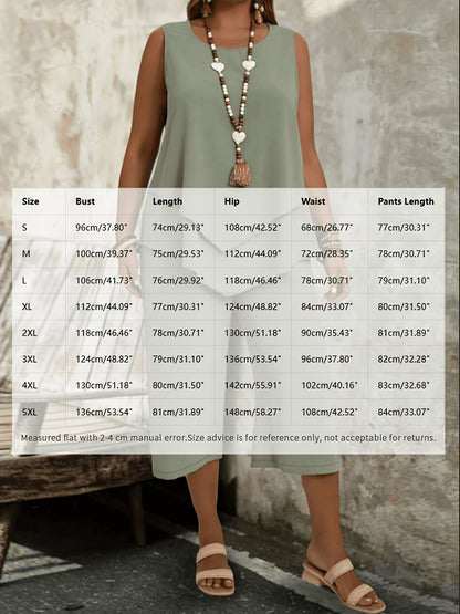 Plus Size, Women's Fashion Casual Solid Color Sleeveless Top and Cropped Pants 2pcs Set