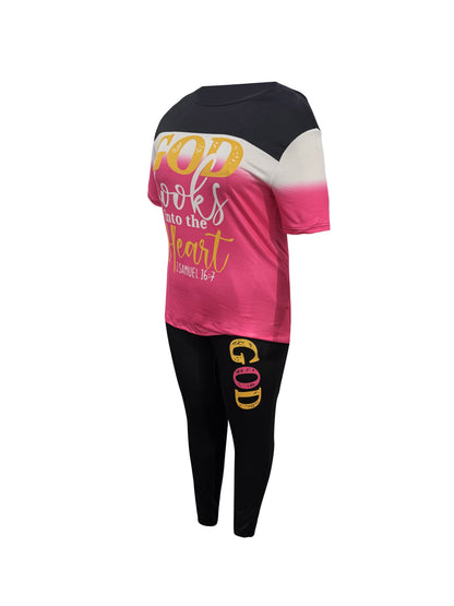 Plus Size, Women's Short-sleeve Long-pants Suit, Gradient Color with God Letter Print, Pants Have Pockets