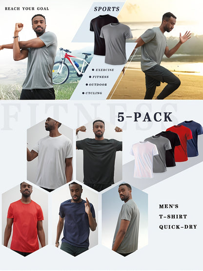 5pcs Men's Sports Compression Quick-Drying Short-Sleeve T-Shirts, Moisture-Absorbing And Sweat-Wicking, Breathable, Comfortable, Versatile, Ideal for Exercise, Running, Fitness, And Daily Casual Wear