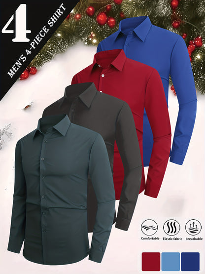 4pcs Men'S Formal Shirt Casual Shirt, Classic Button Up Long Sleeved Shirt, Solid Color Series, 97% Fiber, 3% Spandex, Skin Friendly And Breathable, Suitable For Business, Outdoor Leisure, Wedding Banquets, Dates, All Seasons