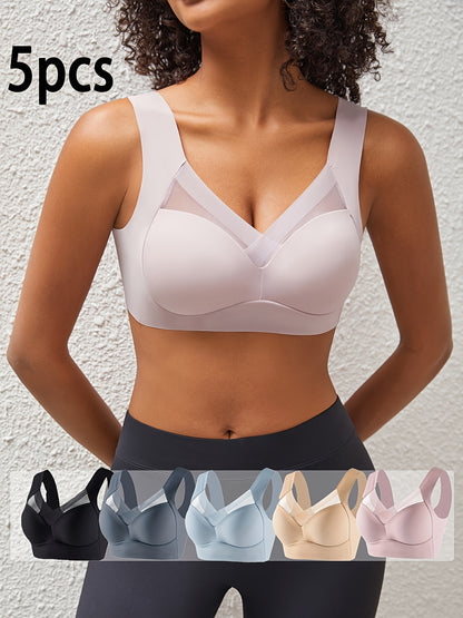 5pcs New Seamless Wireless Full Coverage Women'S Bras, Mature Solid Color, High Support, Comfortable And Breathable Back, Fabric with Mesh Details, Non Removable Pads - Perfect for Spring Festival And Mother'S Day!