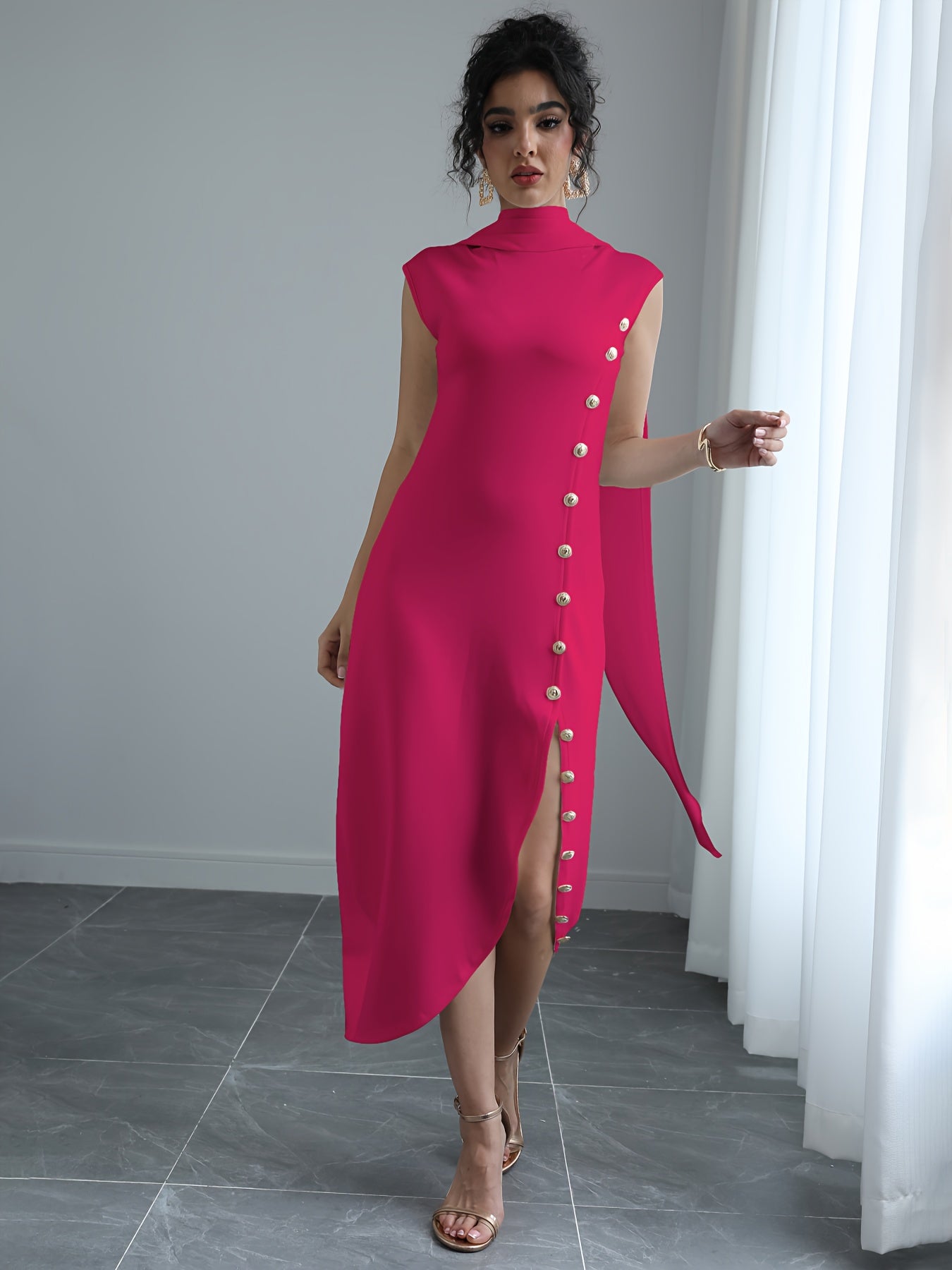 Women'S Elegant High Neck Sleeveless Maxi Dress with Shawl Collar & Split Hem - Solid Color A-Line Silhouette, Floor-Length to Mid-Calf Length Adjustable Maxi Dress for Spring Summer Fall, Casual to Formal Events, Wrinkle-Resistant Fabric (No Lining) - Ve