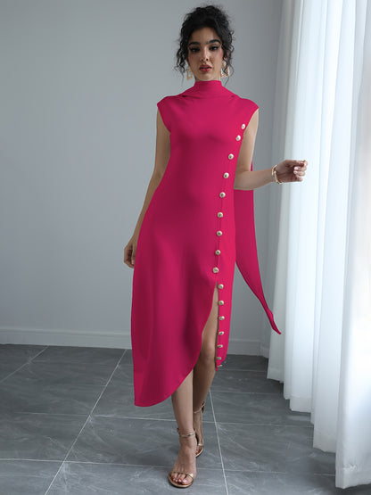 Women'S Elegant High Neck Sleeveless Maxi Dress with Shawl Collar & Split Hem - Solid Color A-Line Silhouette, Floor-Length to Mid-Calf Length Adjustable Maxi Dress for Spring Summer Fall, Casual to Formal Events, Wrinkle-Resistant Fabric (No Lining) - Ve