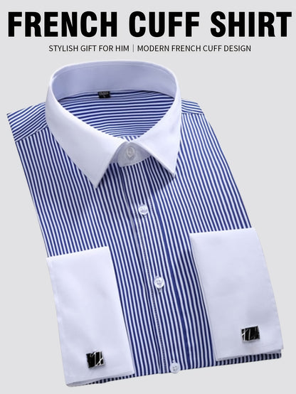 2026 French Cuff Dress Shirt 1pc For Men With FREE Random Cufflinks Set - Luxury Formal Wedding Shirt, Business Office Elegant Attire