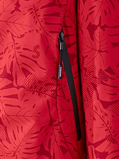 Women's Lightweight Windproof Hooded Jacket - Casual Zip-Up Outdoor Raincoat with Tropical Leaf Print, Removable Hood & Adjustable Cuffs for Spring Summer Fall,, Travel, Camping, Camping Gear, Apparel, Durable Zipper Closure